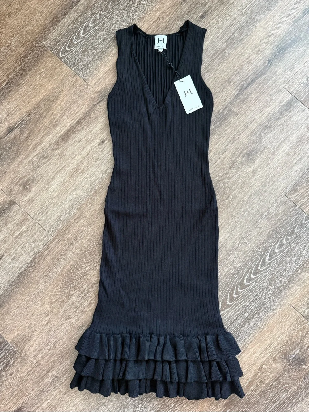 NWT J+L John + Jenn Black Rib Knit Ruffle Hem Sweater Dress XS | Stretch Midi